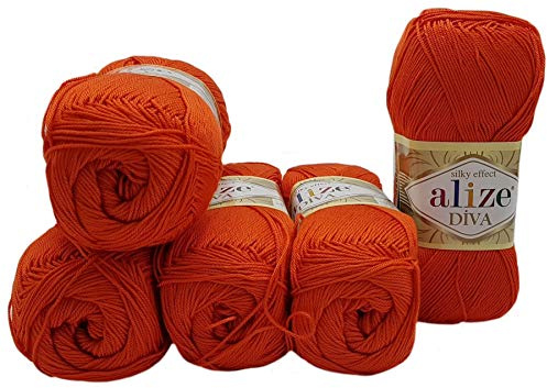 5 x 100 Gramm Strickgarn Ilkadim Export Diva einfarbig, 500 Gramm merzerisierte Strickwolle microfiber-Acryl (orange 37)