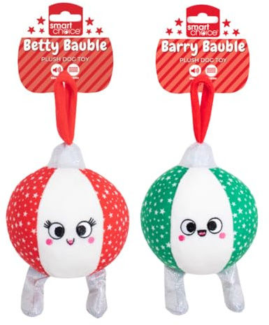 YöL Green + Red Squeaky Plush & Rope Christmas Bauble Dog Toy – 25cm Festive Design – Soft Polyester with Internal Squeaker & Crinkle – Durable Rope Chew, Tug Of War & Fetch