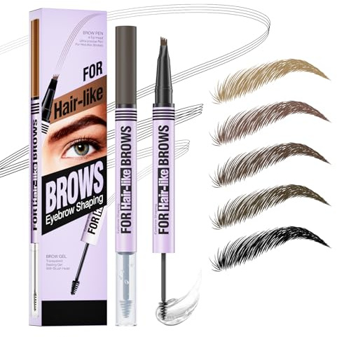 Microblading Augenbrauenstift Wasserfest, Augenbrauenfarbe mit Gel & 4 Mikrogabelspitzen, 2-in-1 Augenbrauenstift Härchenzeichnung, Eyebrow Pencil Wischfest, Langanhaltend, NatüRlicher (Braun)