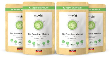 Myvial Bio Matcha Pulver Premium 4 x 100g - traditioneller grüner Tee aus Japan - mit Koffein & L-Theanin - vegan - 100% natürlich & laborgeprüft