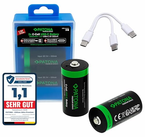 PATONA 4X Premium LR14 Baby C Batterie 1,5V 3450mWh, Rechargeable Via USB-C | Batterie pour radios, lampes torches, éclairage déco, jouets, incl. 1-vers-2 câble USB-C, + de 1.000 cycles