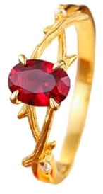 Ringe Frauen Dünn, Cute Rings Gold Ovaler Laborrubin im Baumzweig-Design, 1,2 Ct, mit Rundem Moissanit 9K Gelbgold Größe 61 (19.4)