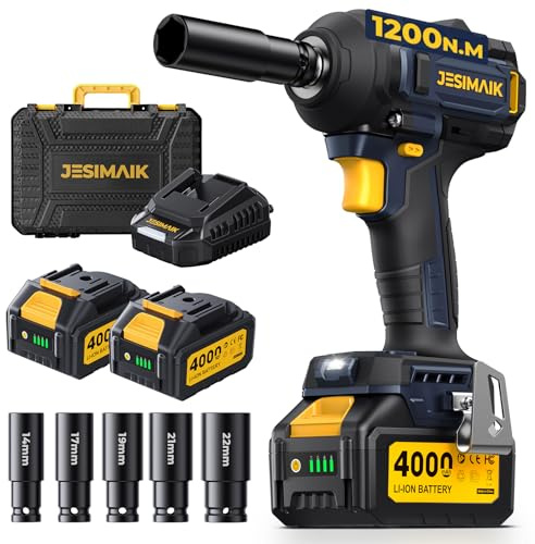 JESIMAIK Cordless Impact Wrench 1200N (900Ft-lbs) 1/2'' High Torque Impact Wrench with 2×4.0Ah Batteries, Impact Gun with 4impact modes & 5 Sockets & Case for Car, Truck, Mower
