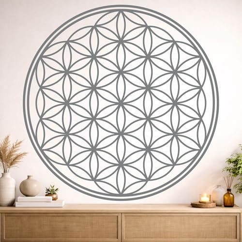 Blume des Lebens Wandtattoo - 115x115cm - Silber - Mandala - spirituelles Symbol - Wanddeko für Wohnzimmer Wandaufkleber Schlafzimmer Büro Meditation Yoga Raum