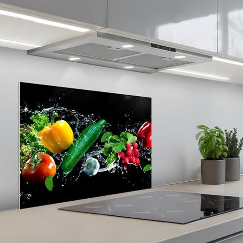 KitchenYeah© Küchenrückwand Selbstklebend Küchenspritzschutz Rückwand | 70x50 cm - Wandschutz Ohne Bohren Spritzschutz Wand Wandverkleidung Gemüse - Spritzer - Schwarz