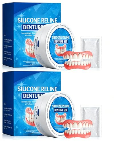 2 Set Silicone Dentures, False Teeth, Full Mouth Dentures Teeth Top and Bottom for Both Men and Women Comfortable Natural and Realistic