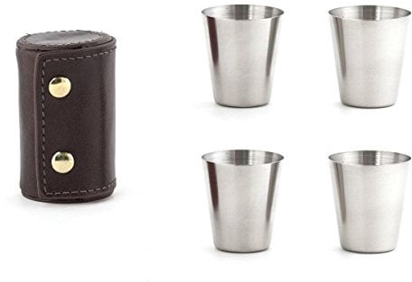 Kikkerland BA59 Shot Glasses with Leather CASE, Stainless Steel, Brown, 5 Piece Set
