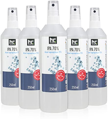 Höfer Chemie 6 x 250ml Isopropanol 70% – Isopropylalkohol zum Reinigen und Entfetten von Glas, Displays, Brillen, Schallplatten und Whiteboards – IPA 70 Industriealkohol im praktischen Kanister