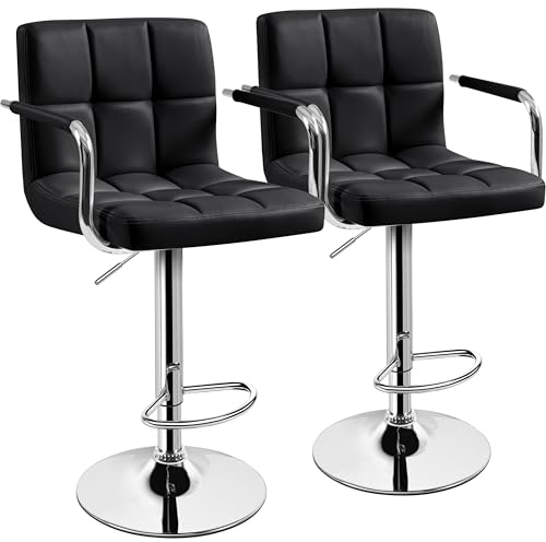 Yaheetech Bar Stools Set of 2, PU Leather Height Adjustable Swivel Barstools, Hydraulic Kitchen Counter Height Bar Chairs with Armrest and Back for Kitchen, Dining Room, Black