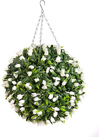 Best Artificial TULIP Flower Ball Lush Long Leaf Topiary Grass (38cm, White)