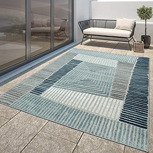 TT Home In-& Outdoorteppich Wetterfest Balkon Deko Schlafzimmer Skandi Ethno Design, Farbe: Blau, Größe:160x230 cm