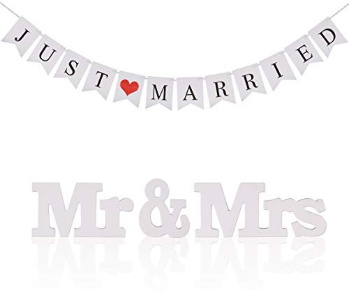 KAKOO Mr & Mrs Buchstaben Zeichen Hochzeit Tisch Dekoration mit Just Married Banner Papier Girlande Vintage/Rustikal Hochzeitdekoration Herr Frau Foto Requisiten Braut Dusche Auto Deko