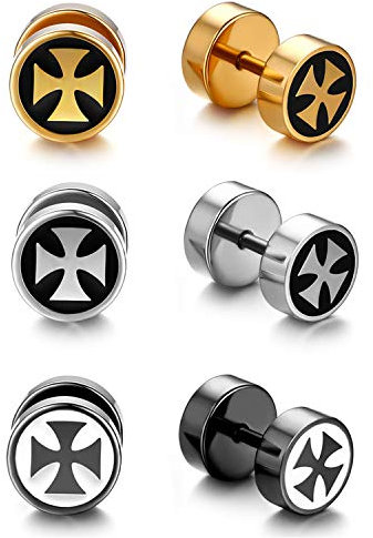 Flongo 3 Paare Damen Ohrringe Set 8mm fake tunnel mit Kreuz Illusion Ohrstecker Edelstahl Kruzifix Gestüt Ohrringe kreis verjüngt Cheater earrings plugs Ohrschmuck männer herren Silber Gold Schwarz