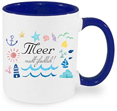 Meer macht glücklich - Kaffeetasse mit Motiv, Tasse mit Druck, auch individuell mit Spruch, Foto, Wunschtext, Wunschname (Blau)