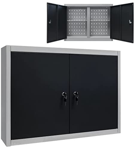 vidaXL Werkzeugschrank Wandmontage Industriell mit 2 Fachböden Lochwand Hängeschrank Metallschrank Werkstattschrank Metall Grau Schwarz