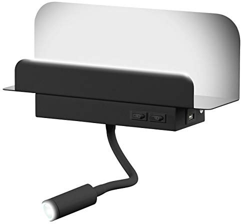 Carlo Milano Wand-Regal: Wandregal mit Leselicht, Nachtlicht & USB-Ladeport, 445 Lumen, schwarz (Nachttisch Regal, Nachtlicht Bett, iPhone Ladestation)