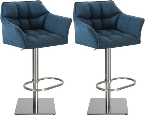 CLP 2er Set Barhocker Damaso Stoffbezug I Gepolsterte Barstühle höhenverstellbar und drehbar I Tresenstühle mit Rückenlehne, Farbe:blau, Gestell Farbe:Edelstahl