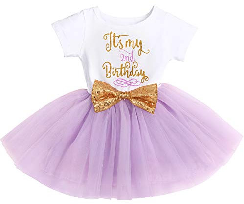 FYMNSI Robe tutu pour bébé avec l’inscription « It's My 1st/2nd Birthday », avec nœud à sequins, 2 pièces - Violet - 2 ans