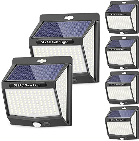 SEZAC Luz Solar Exterior [6 Paquete/3 Modes] 270° Súper Brillante Focos Led Exterior Solares con Sensor de Movimiento, IP65 Luces Solares Led exterior Jardin para Garajes, Caminos, Puertas Delanteras