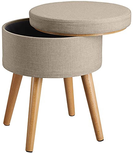 TecTake® Tabouret Repose Pied Pouf avec Rangement Pouf Salon Rond Aspect Lin jusqu'à 300 kg Pieds en Bois Couvercle Amovible Design Moderne Cosy pour Coiffeuse, Salon, Chambre, Bureau, entrée
