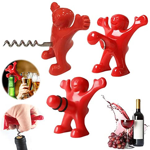 3 Pezzi Kit Apribottiglie Vino, Apribottiglie Vino Birra, Tappo Vino Man, Cavatappi Uomo Rosso, Cavatappi da Vino, Felice Divertente Creativo Tappo per Bottiglia di Vino Impostato (Rosso)