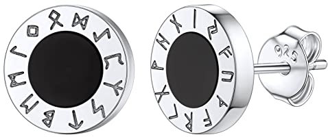 Boucles d Oreilles Viking pour Homme Zirconium Noir Clou Oreille Runes Runiques Argent 925 Agate Asymétrique Femme Enfant Garcon 5.5mm Talisman Amulette de Protection Fille Noël Mari Copain