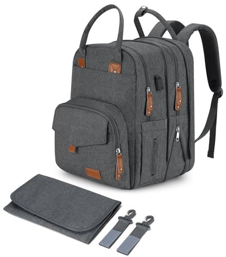 Qualyphant Großer Diaper Bag Backpack - 23 Taschen, Erweitbar, 31 Liter, Grau, Einfarbig, Polyester, Minimalistisch, Rucksack