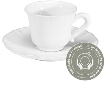 Costa Nova Kaffeetasse mit Untertasse Alentejo: Set aus feinstem Steinzeug in Weiß, Spülmaschinen-, Mikrowellen-, Ofen- und Gefrierfest, elegantes Design, Handveredelt, 90 ml