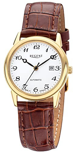 REGENT Automatik Damenuhr mit Lederband Braun/Goldfarben 12190038