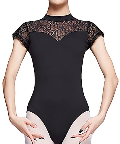 JowTreex Damen-Turnanzug mit Spitze, Rollkragen, Ballett-Body mit kurzen Ärmeln, Tanz-/Gymnastik-/Yoga-Trikot, Schwarz , S