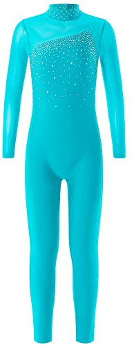 MSemis Kinder Mädchen Turnanzug Langarm Sportbody Ganzkörper Gymnastikanzug Ballettanzug Glitzer Trikot mit Stehkragen Trainingsanzug Blauer See 122-128