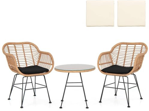 RELAX4LIFE 3 PCS Garden Furniture Set, Outdoor Rattan Bistro Set with Glass Coffee Table and 2 Chairs, Patio Wicker Cane Conservatory Set for Garden, Backyard and Balcony (Black Cushion+Replacements)