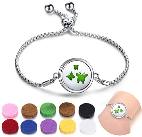 SIXDUTON Armbänder Aromatherapie Armband Edelstahl Aromatherapie Verstellbares Armband Set mit 10 Nachfüllkissen für Männer und Frauen (Butterfly)
