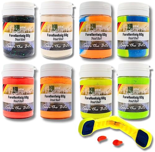 Zite Fishing Forellenteig mit Knoblauch-Aroma 60g – Fängige Forellenpaste Schwimmend als Forellenköder – Trout Bait Teigköder in knalligen UV-Neonfarben mit Glitter (8er Mixbundle + Former)