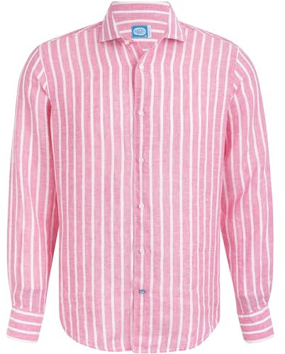 Panareha Camicia da Uomo in Lino a Righe Amalfi Rosa (L)