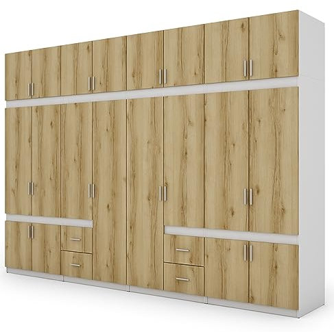 e-Meblast - 4-teilige Modulschrank - Kleiderschrank - 340x240x59 cm - Aufsätzen - Schlafzimmer - Wohnzimmer - Garderobenschrank - Kleiderstangen - Geräumige Schubladen - Wardrobe - Weiß/Grand Eiche