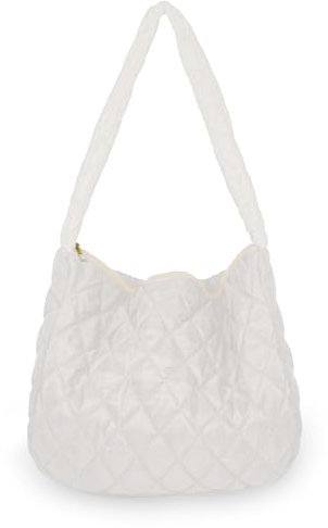 FuninCrea gesteppte Tote Bag für Frauen, Nylon große Tote Bag Puffy Tote Bags mit Reißverschluss, Gittermuster gesteppte Handtaschen Umhängetasche mit breitem Griff zum Shopping (weiß)