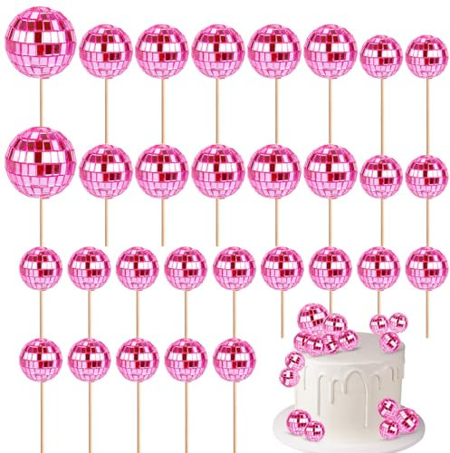 30pcs Disco Ball Cupcake Toppers, Mini Disco Ball Picks Disco Theme Cake Toppers with Sticks for Dessert Accessories Cake Decorations Disco Party Supplies (Pink)