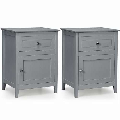 COSTWAY Bedside Table, Wooden Nightstand End Sofa Side Table with Drawer and Door Cabinet, Solid Wood Legs Modern Accent Coffee Tea Table for Living Room, Bedroom and Office (2, Grey)