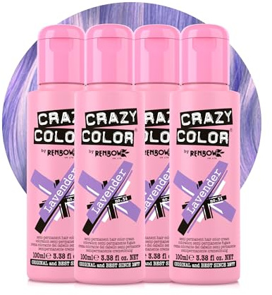 Crazy Color Pastel Lavender Semi-Permanent 4 Pack Quad Hair Dye. Highly Pigmented Pastel Purple Conditioning & Oil Nourishing Vegan Formula No Bleach or Ammonia 400ml