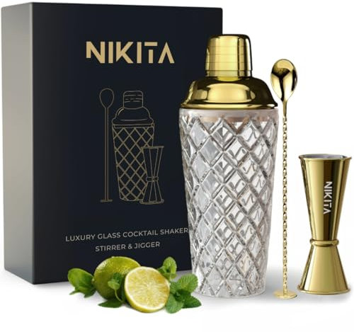 Gold Cocktail Shaker Set - Glass Shaker With Matching Measuring Jigger, Bar Spoon, Muddler, and Strainer - 5 Pcs in Luxury Gift Box