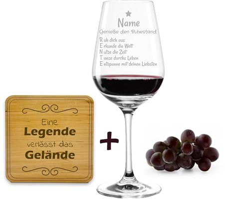 SET Leonardo Weinglas mit Gravur Genieße den Ruhestand ink. Wunsch Holz Untersetzer, personalisierte Geschenke Frauen Männer Rente Rentenbeginn Pension Abschied