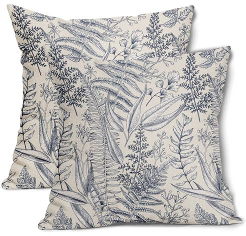 Blaue Blattpflanzen-Kissenbezüge, 40,6 x 40,6 cm, Kräuter, botanischer Farn, Vintage-Blätter, Blumenmuster, dekorative Kissenbezüge, Baumwollleinen, Bauernhaus, Heimdekoration, für Sofa, Couch,