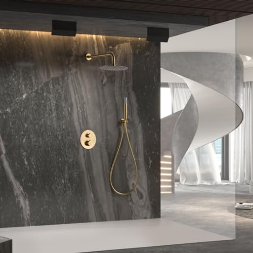 IMEX - Ducha Empotrada Termostática Dorada | Kit de Grifería Empotrado con Alcachofa y Rociador Antical Efecto Lluvia | Columna Ducha Empotrada con Grifo en Latón y Acero Inox S.304 | Serie Génova