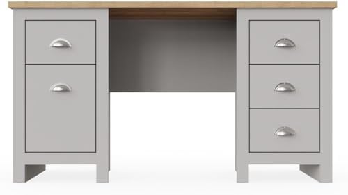 Timber Art Design UK Lisbon Grey Double Pedestal Study Desk, Laptop Computer Desk with 4 Drawers with Cupboard Modern Storage Organizer Unit for Bedroom Hallway Living Room Office 40D x 135W x 75H cm