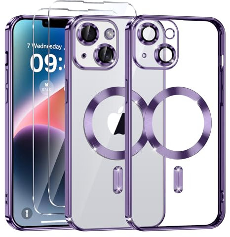 Phoona Coque Magnétique pour iPhone 14 avec 2 Pièces Verre Trempé, Compatible avec MagSafe, Protection Militaire, Résistante aux Rayures, Résistante aux Chocs, Mince et Transparente, Violet