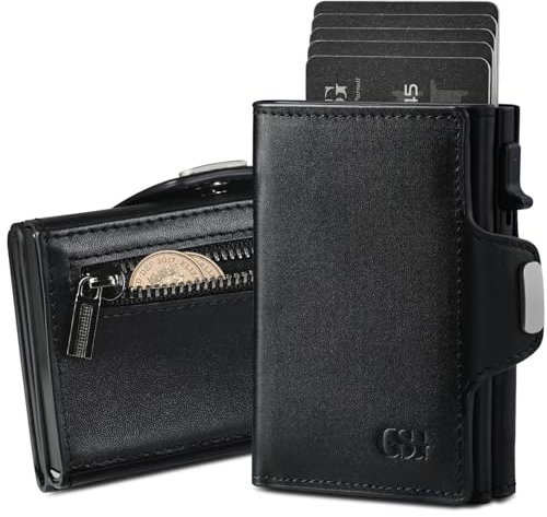 GSG SINCE 1998 Geldbörse Herren - Slim Wallet aus Leder mit Münzfach und ID-Fenster, RFID Schutz, Kartenetui für bis zu 11 Karten, Mini Portemonnee,Schwarz