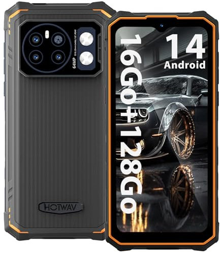 HOTWAV Cyber 13 Telephone Porable Incassable, 16Go + 128Go/TF 1To Android 14 Smartphone, 64MP + 16MP Caméra, 6.6 HD+, Batterie 10800mAh/Double SIM 4G/Octa Core/5G Wi-FI/NFC/Face ID/Fingerprint Orange