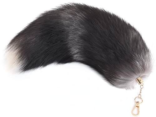 Iivos Porte-clés queue de renard duveteuse en fourrure pour cosplay, jouet de fête, costume de queue de loup en fourrure, accessoire de sac à main, porte-clés, anneau crochet, Renard noir, About 16