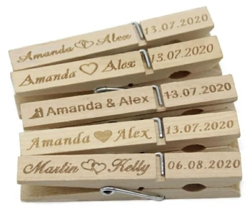 50er-Set Personalisierte Mini-Wäscheklammern aus Holz mit Gravur – Rustikale Hochzeitsdekoration & Fotoklammern